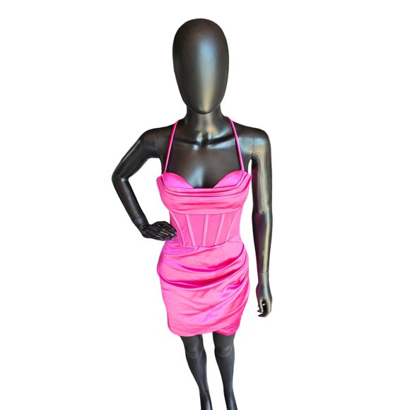Hot Pink Satin Illusion Panel Bodycon Mini Dress - Lovesome - Picture 3 of 6